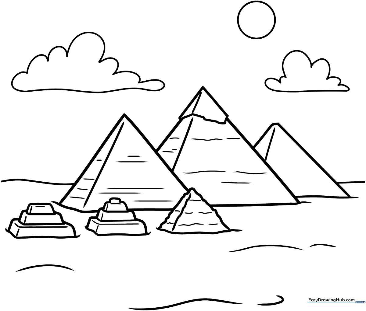 Black and white line art of the three Pyramids of Giza set against a desert horizon, designed for children to color.