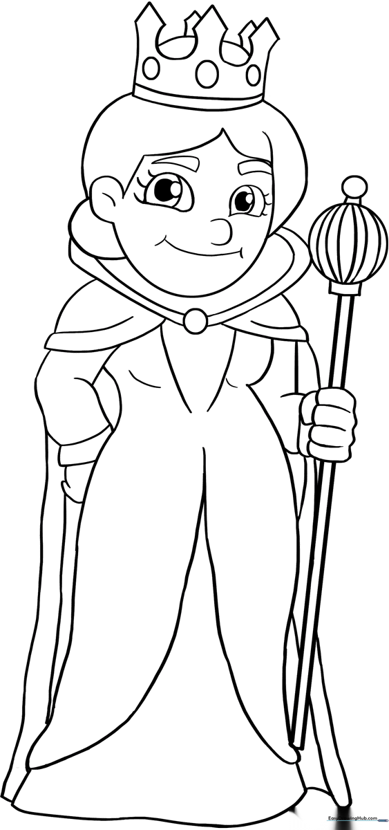 Black and white line art of a friendly queen wearing a crown and royal gown, designed for children to color.