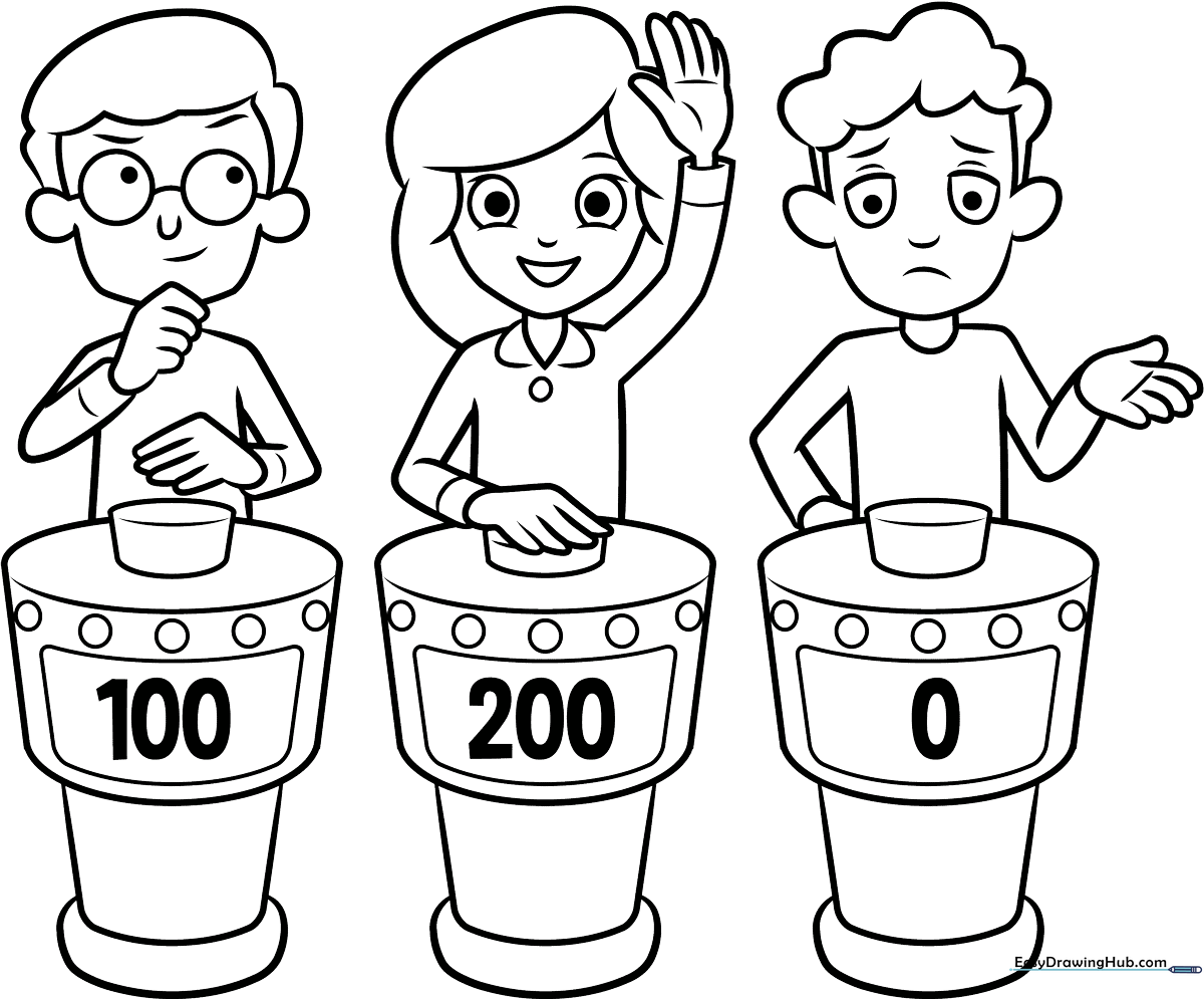 Black and white line art of a television quiz game show set featuring podiums, microphones, and stage lighting, ready for coloring.