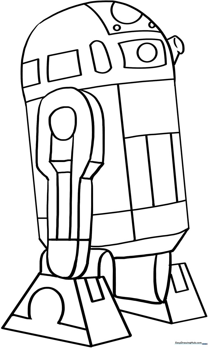 Black and white line art of R2-D2 from Star Wars, featuring clear outlines for children to color, showing the droid's dome head and cylindrical body.