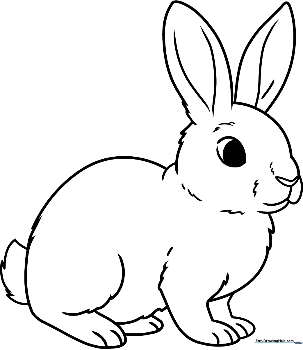 A clean, black-and-white line art illustration of a friendly rabbit sitting upright, featuring bold outlines for easy coloring by children.