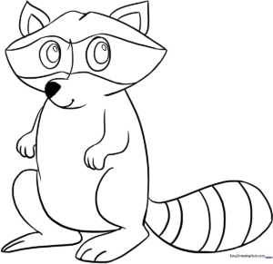 Black and white line art of a cute raccoon sitting, featuring bold outlines for easy coloring by children.