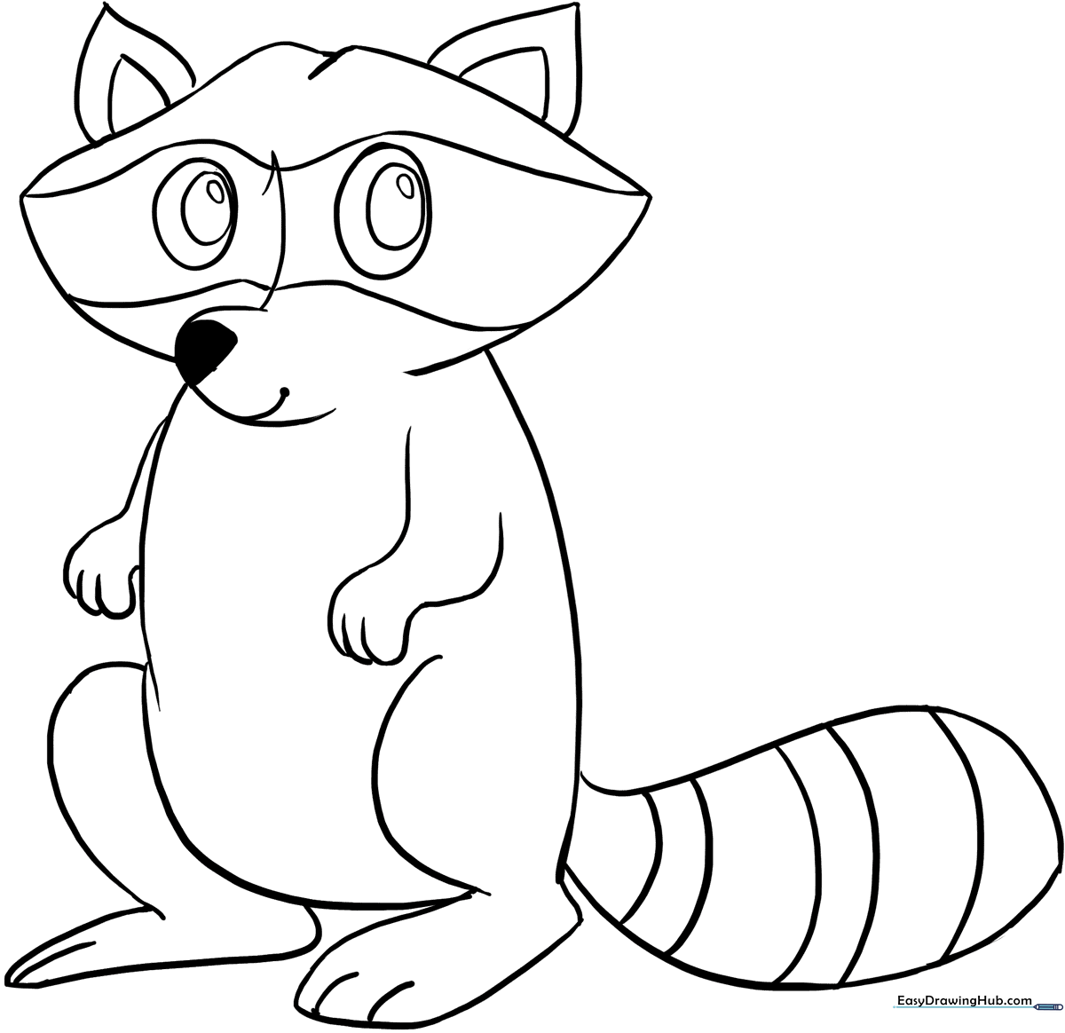 Black and white line art of a cute raccoon sitting, featuring bold outlines for easy coloring by children.