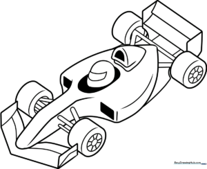 Black and white line art of a sleek race car with bold outlines, designed for children to color with markers or crayons.