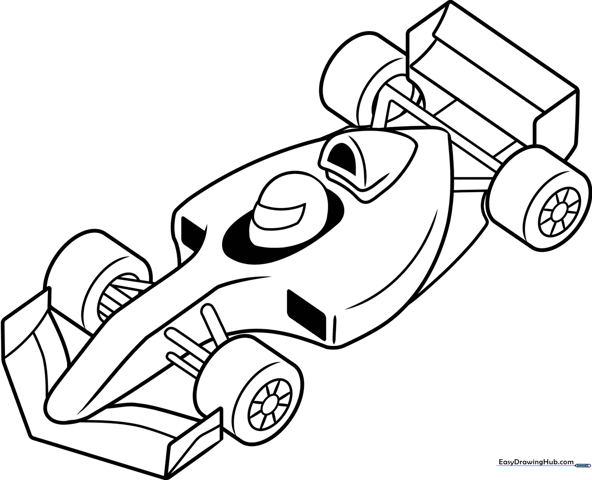 Black and white line art of a sleek race car with bold outlines, designed for children to color with markers or crayons.