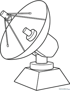 Black and white line art of a radar antenna with a parabolic dish and support structure, designed for children to color.