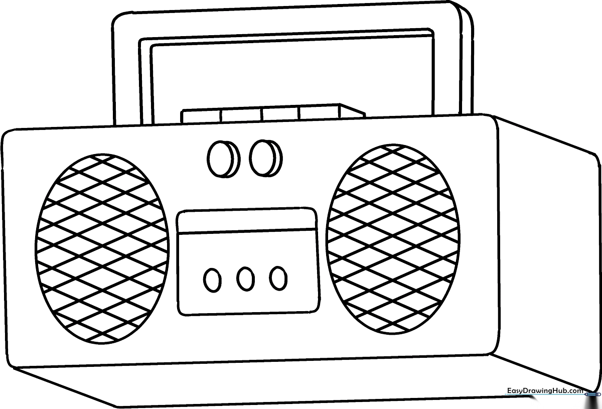 Black and white line art of a vintage tabletop radio with a large speaker grille and circular tuning knobs, ready for coloring.