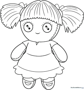 Black and white line art of a cute rag doll with yarn hair and a simple dress, ready for coloring.