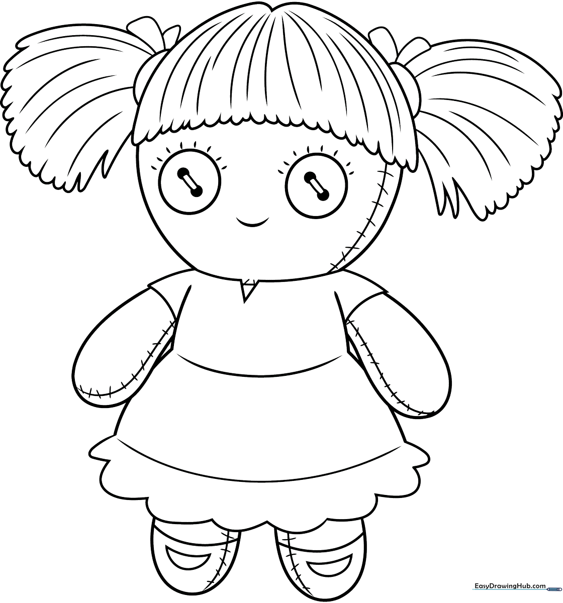 Black and white line art of a cute rag doll with yarn hair and a simple dress, ready for coloring.