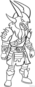 Black and white line art of Ragnarok from Fortnite, featuring his signature horned mask and detailed battle armor, ready for coloring.
