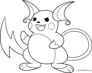 Black and white line art of Raichu standing in a dynamic pose, featuring clear outlines for easy coloring by children.