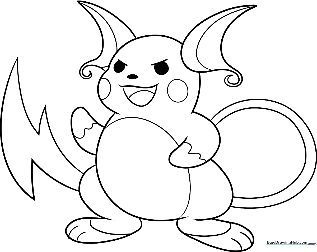 Black and white line art of Raichu standing in a dynamic pose, featuring clear outlines for easy coloring by children.