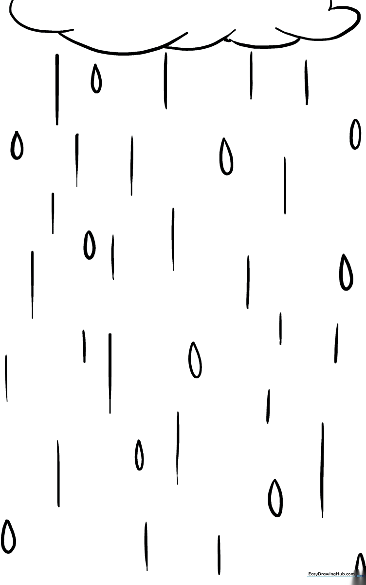 Black and white line art of falling raindrops and clouds, designed as a printable coloring activity for children.