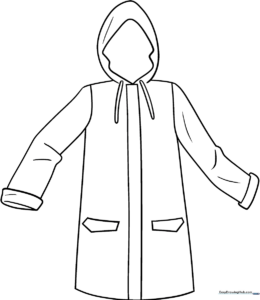 Black and white line art of a hooded rain coat with large buttons, designed for children to color.
