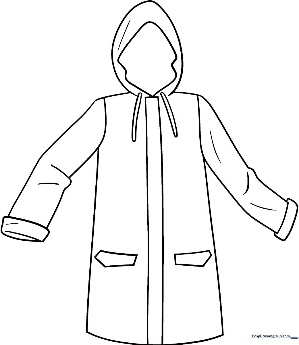 Black and white line art of a hooded rain coat with large buttons, designed for children to color.