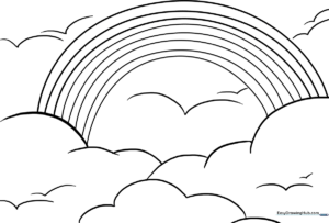 A clean, black-and-white line art drawing of a classic rainbow with thick, easy-to-color bands, perfect for children practicing coloring within the lines.