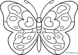 A clean, black-and-white line art illustration of a butterfly with large, patterned wings, designed for children to color.