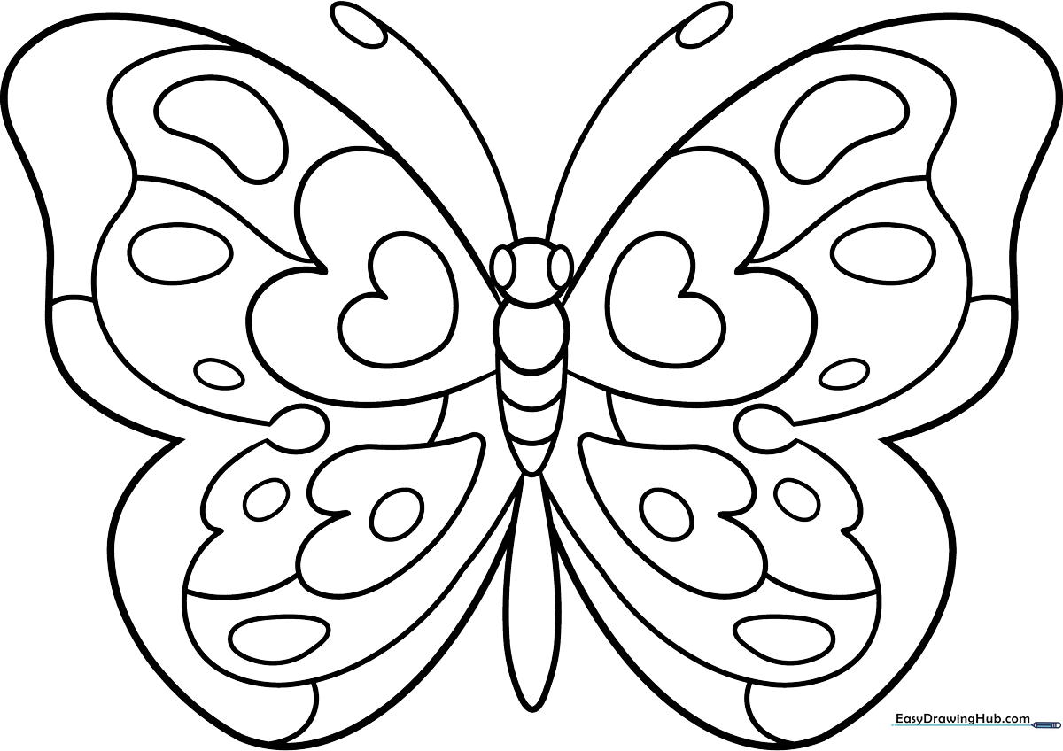 A clean, black-and-white line art illustration of a butterfly with large, patterned wings, designed for children to color.
