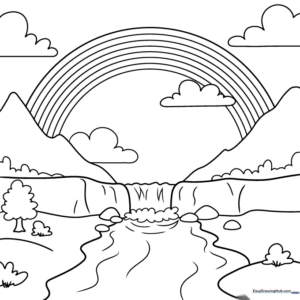 Printable coloring page featuring a rainbow arching over mountains, a waterfall, and a river with fluffy clouds.
