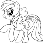 Black and white line art of Rainbow Dash from My Little Pony, featuring her signature spiky mane and tail, ready for coloring.