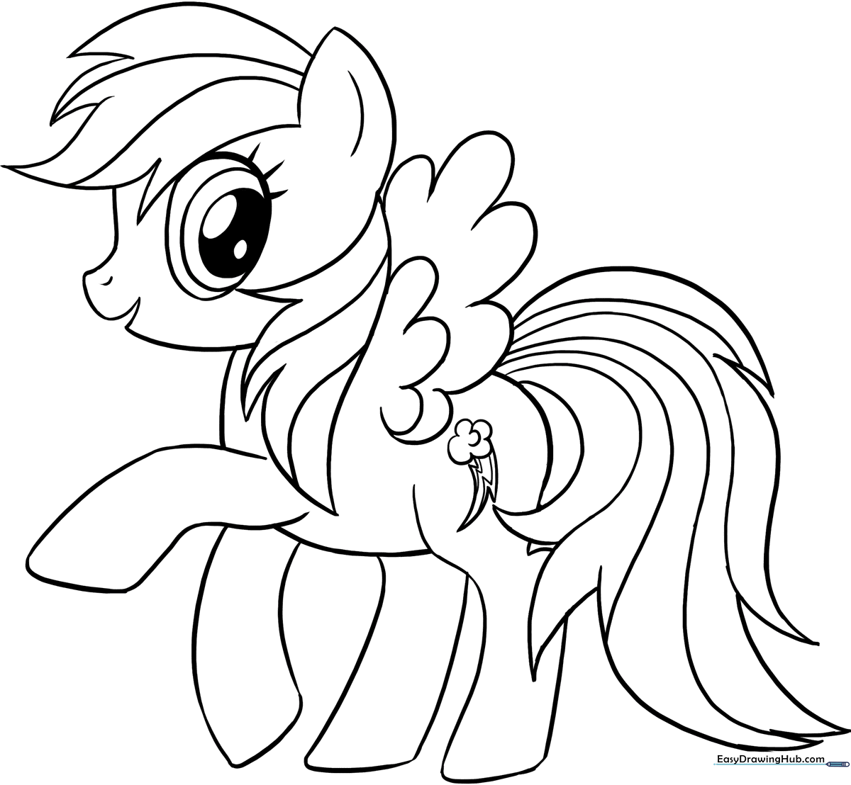 Black and white line art of Rainbow Dash from My Little Pony, featuring her signature spiky mane and tail, ready for coloring.