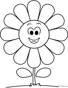 A clean, black-and-white line art illustration of a smiling flower with rainbow-themed petals, designed for children to color.