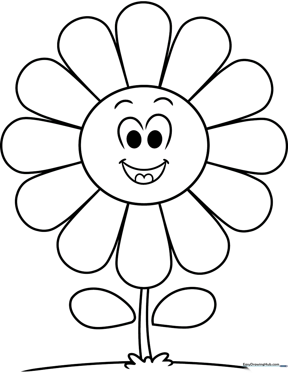 A clean, black-and-white line art illustration of a smiling flower with rainbow-themed petals, designed for children to color.