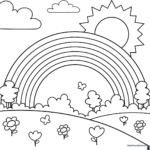 A clean, bold-lined illustration of a simple rainbow with thick arches, designed for children to practice coloring and color sequencing.