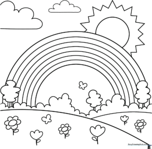 A clean, bold-lined illustration of a simple rainbow with thick arches, designed for children to practice coloring and color sequencing.