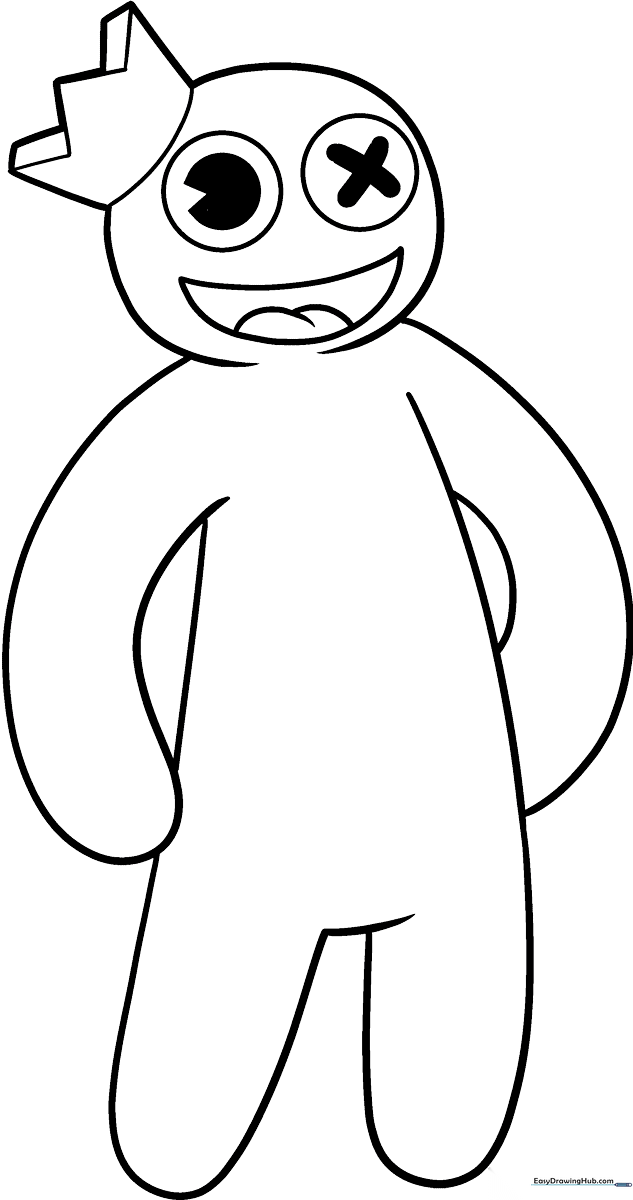 Black and white line art of the character Blue from Rainbow Friends, featuring his signature button eye and wide, friendly grin, ready for coloring.