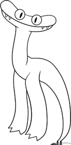 Black and white line art of the Rainbow Friends character Cyan, featuring distinct rounded limbs and a wide, friendly expression, ready for coloring.