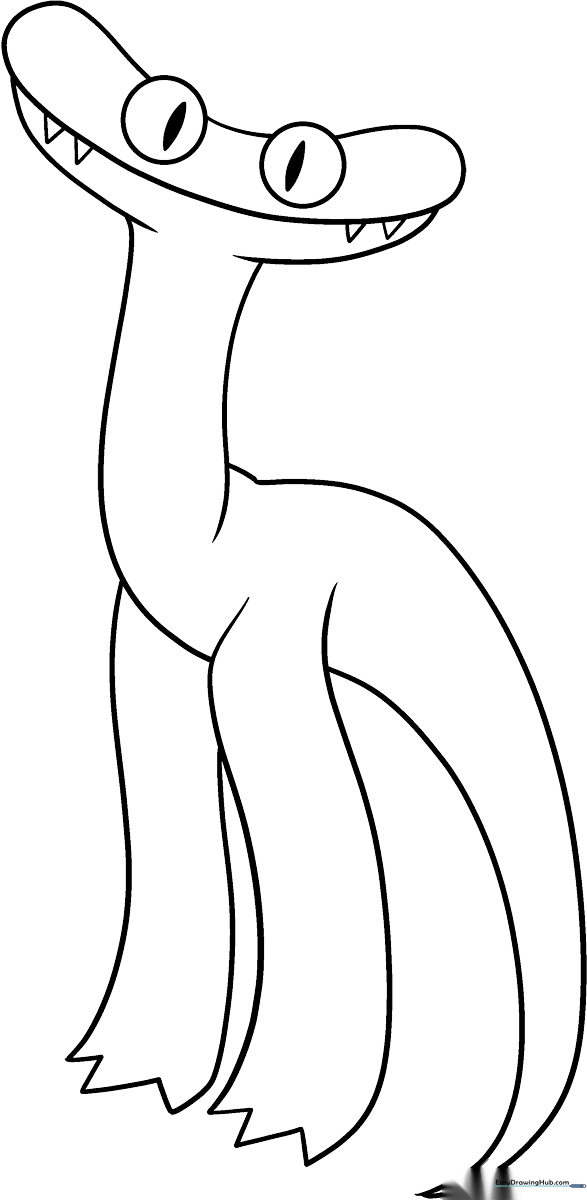 Black and white line art of the Rainbow Friends character Cyan, featuring distinct rounded limbs and a wide, friendly expression, ready for coloring.
