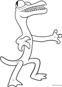 Black and white line art of the Rainbow Friends Orange character with its wide-open mouth and large eyes, ready for coloring.