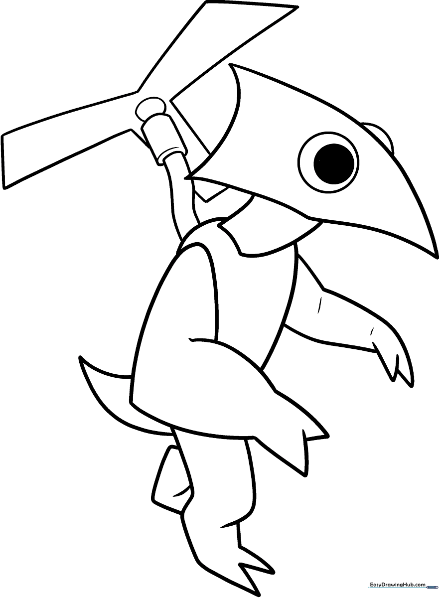 Black and white line art of the Rainbow Friends Yellow character with large wings and a wide beak, ready for coloring.