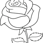 Black and white line art of a rose with layered petals, designed for children to color with rainbow patterns or individual shades.