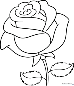 Black and white line art of a rose with layered petals, designed for children to color with rainbow patterns or individual shades.