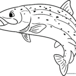 Black and white line art of a swimming rainbow trout with distinct scales and fins, designed for children to color.