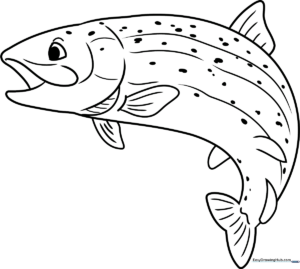 Black and white line art of a swimming rainbow trout with distinct scales and fins, designed for children to color.