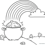 Black and white line art of a rainbow arching over a pot of gold, designed for children to color with markers or crayons.