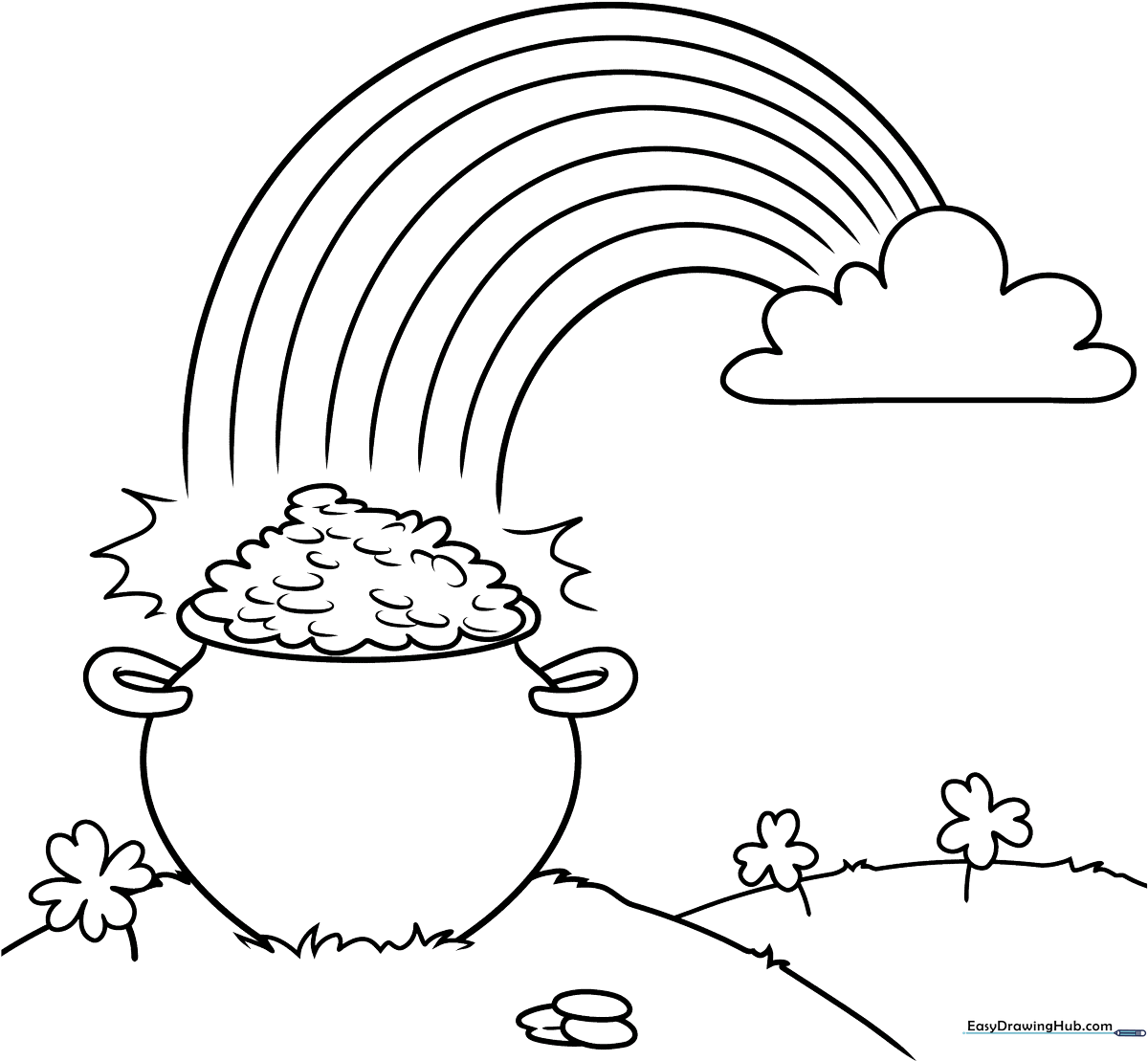 Black and white line art of a rainbow arching over a pot of gold, designed for children to color with markers or crayons.