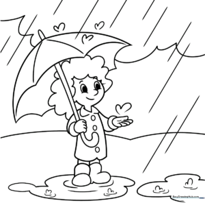 A cheerful cartoon character holding an umbrella during a rainstorm, featuring bold outlines for easy coloring and educational weather play.
