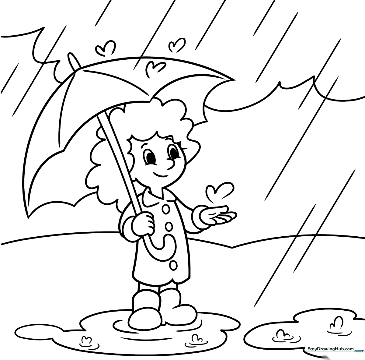 A cheerful cartoon character holding an umbrella during a rainstorm, featuring bold outlines for easy coloring and educational weather play.
