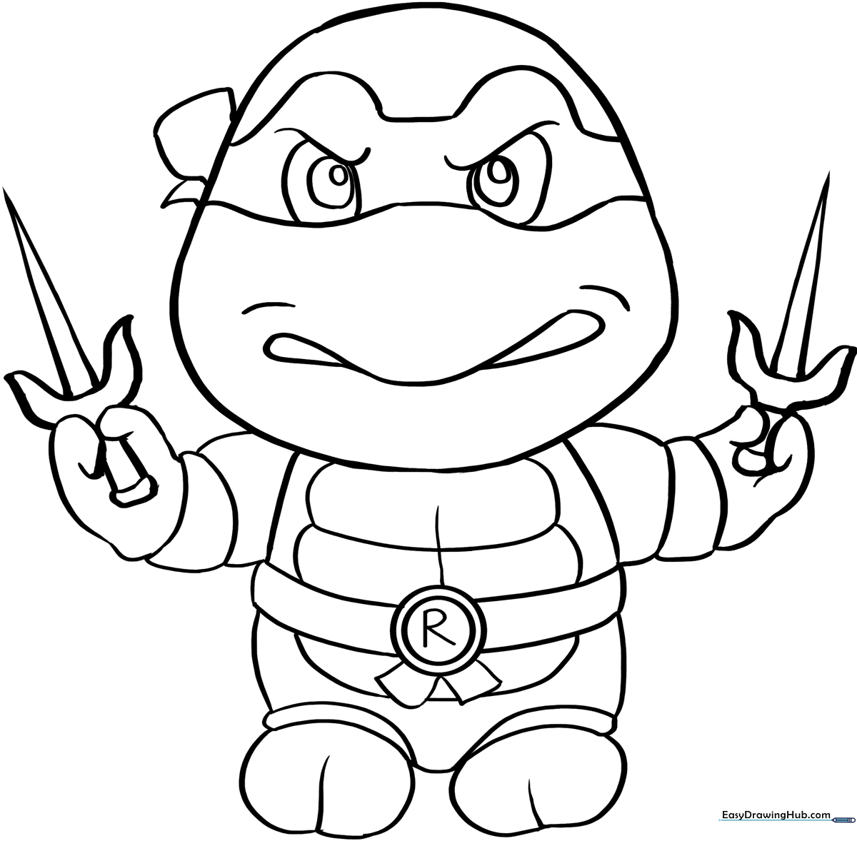 Black and white line art of Raphael from TMNT, featuring his signature eye mask and determined expression, ready for coloring.