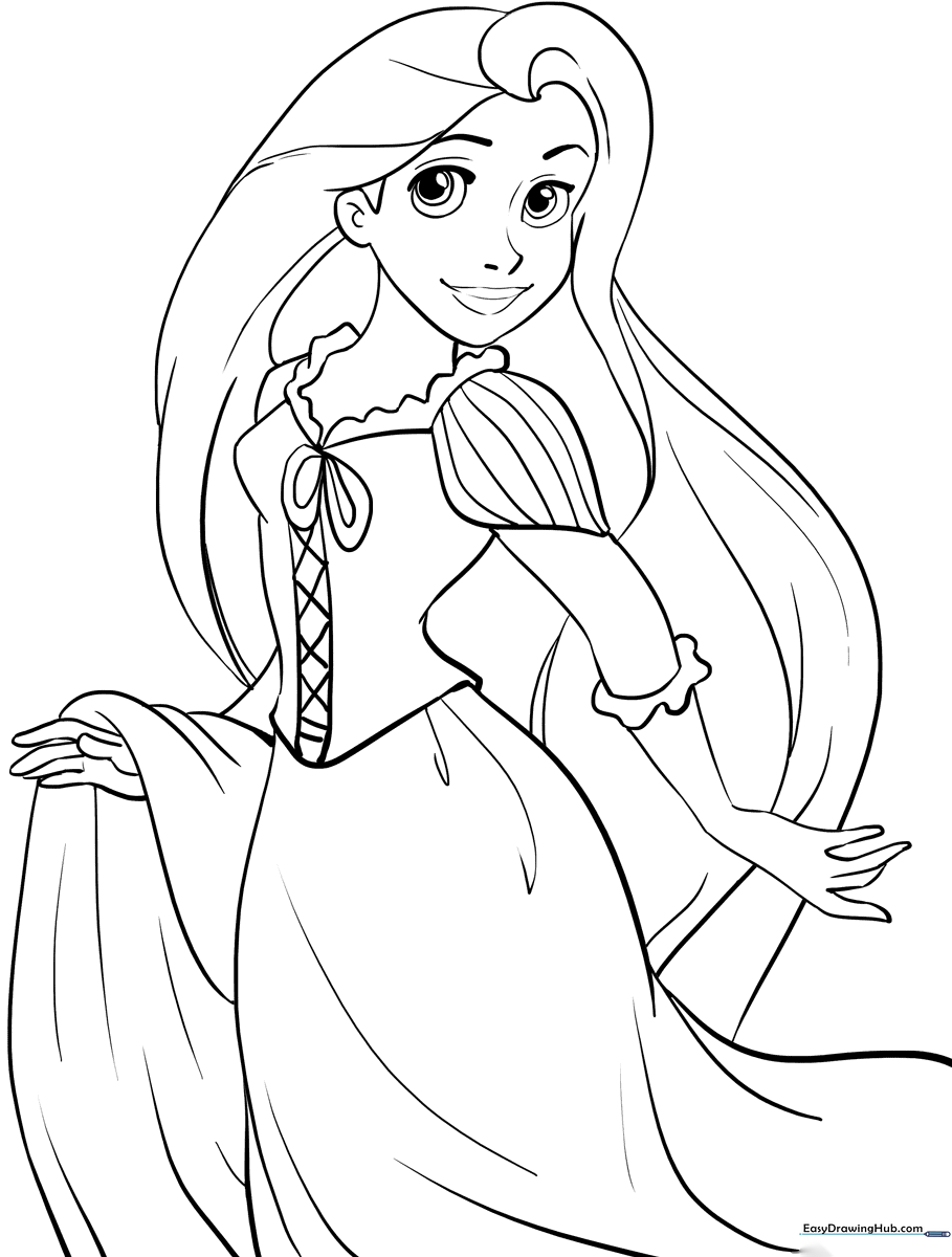 Black and white line art of Rapunzel from Tangled, featuring her iconic long hair and expressive eyes, ready for coloring.