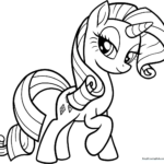 Black and white line art of Rarity the unicorn from My Little Pony, featuring her signature curly mane and tail, ready for coloring.