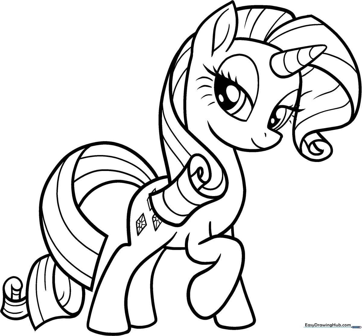 Black and white line art of Rarity the unicorn from My Little Pony, featuring her signature curly mane and tail, ready for coloring.