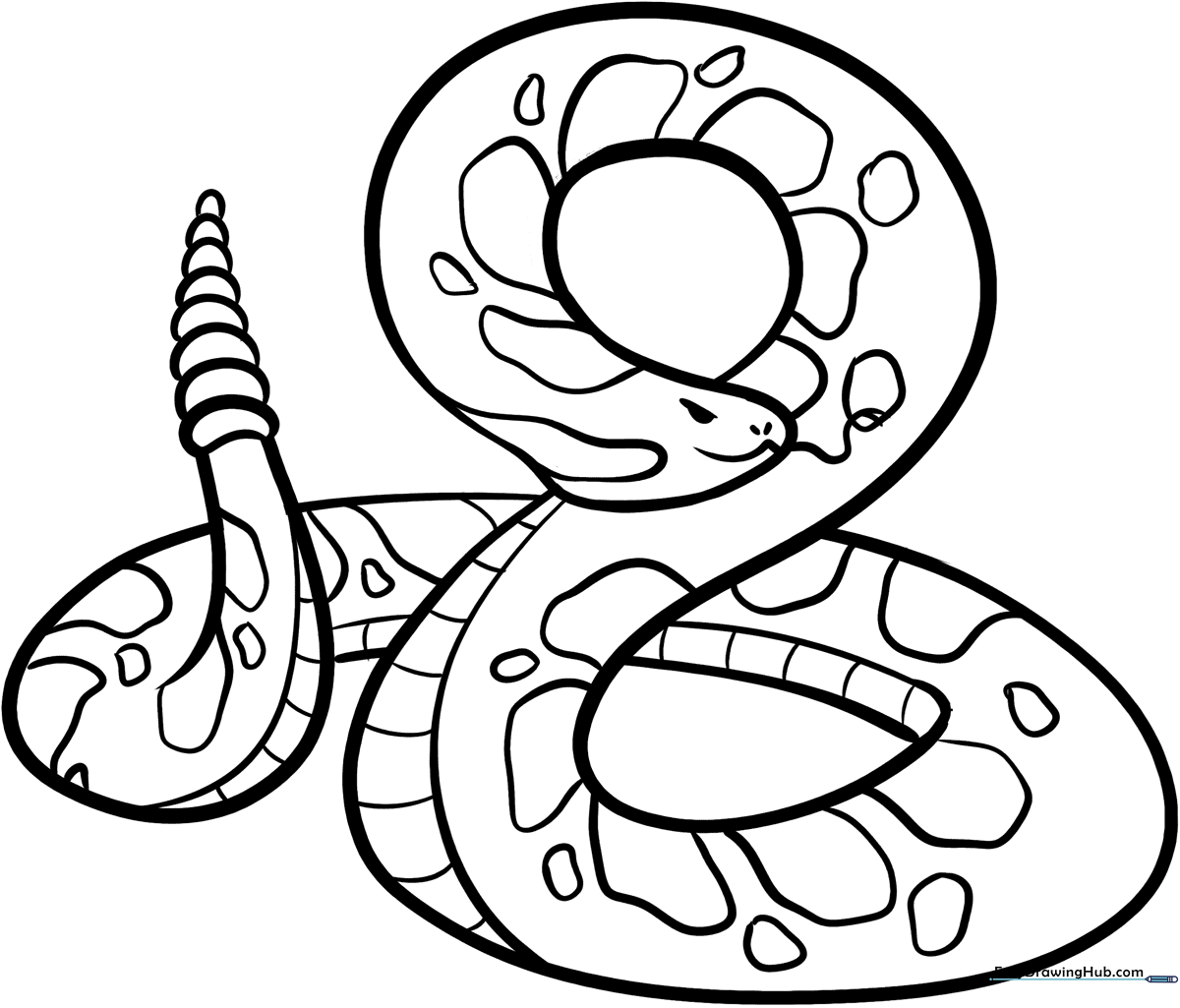 A friendly cartoon rattlesnake with a coiled body and a segmented rattle on its tail, featuring bold outlines for easy coloring.