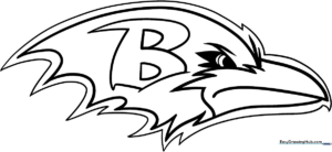 Black and white line art of the Ravens football team logo, featuring a stylized raven head with a bold 'B' on the side, ready for coloring.