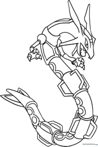 Line art illustration of the Pokemon Rayquaza, featuring its long, serpentine body and distinct jagged markings, ready for coloring.
