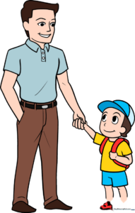 Line art sketch of a father holding his son's hand, demonstrating proportional character drawing for beginners.